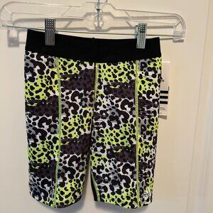 Adidas Girls Destiny Printed Slider Neon Yellow Animal Print Shorts Size Medium